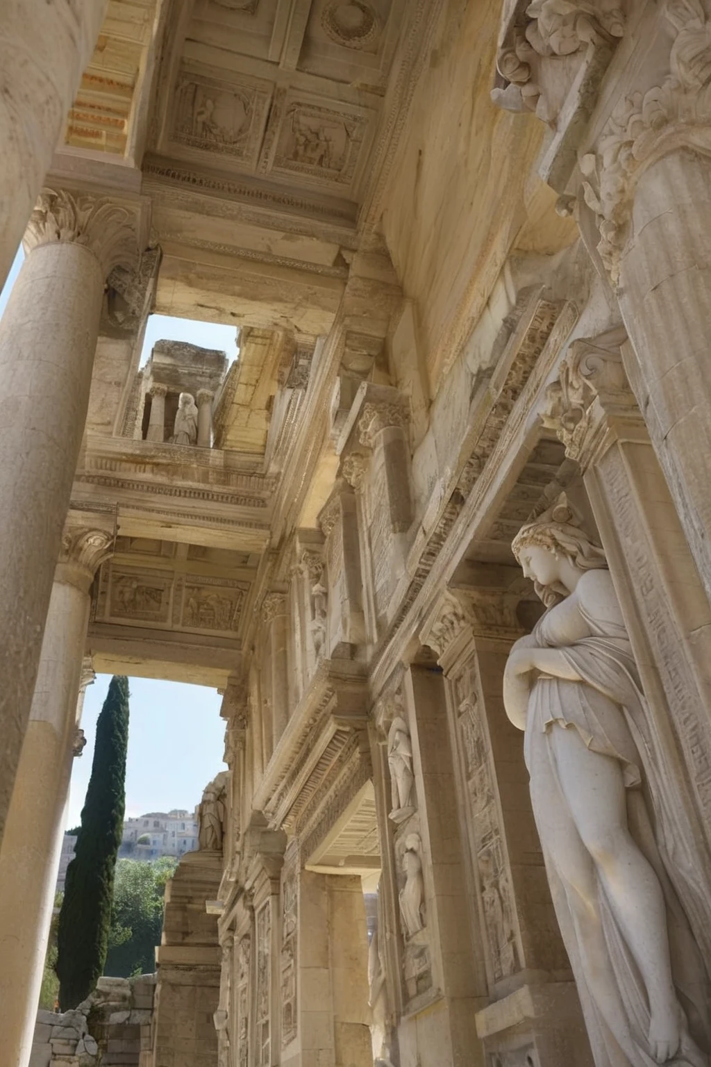 arafed view of a building with a statue and Columns, Roman architecture, Exquisite details, Some marble statues can be seen, Inside ancient Greek ruins, Columns مزخرفة, Old Marble City, Exquisite detailss, White stone temple ruins, Columns من الرخام, Old Library, Nice pic, Columns رومانية, gigantic pristine marble Columns, Epic details, roman Columns, Columns