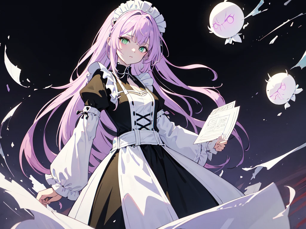 With a large shield, maid, Evil Eye, A bad looking person with white eyes, whole body絵, She is wearing a maid uniform and the background is a dark and desolate landscape., Horror movie atmosphere. Her figure is extremely beautiful, Emphasizing the dark and crazy elements. Skillfully expressing the effects of light and shadow, detailed, The face and expression of the black costume are also carefully drawn..., Artistic elements add depth to the work. The overall atmosphere is creepy and nightmarish..., With a unique artistic touch. This movie is、The dark and crazy world of horror movies depicted in HD., Evoke visual stimuli and aesthetic sense, It will terrify and excite the audience....,sketch (Character design sheet, same characters, whole body, Three-View, front, ~ ~ ~ side, return) and watercolor画, （Gradient braided hair, Light pink hair, (Ink blotches:1.1), (pale:1.2),(Light purple:1.2),(Light green:1.2)　and a  face,tall, Wearing black tights,Green Eyes, The skin is hidden　and 1 female, Nervous,Cowboy Shot,,(Very bright:1.1), White Background, [1 Girl:7], (Tilt your head:1.2), ([sketch|watercolor \(Moderate\)]:1.15),Chaotic Abstract Background, Vector Trace, Gradient Blending, Bright colors, that&#39;wonderful, 非常にdetailed, Complex, (Very low contrast:1.4)