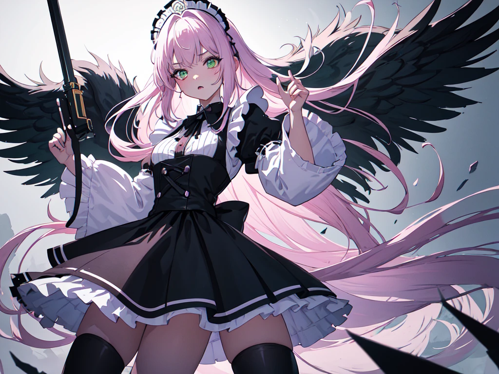 With a large shield, maid, Evil Eye, A bad looking person with white eyes, whole body絵, She is wearing a maid uniform and the background is a dark and desolate landscape., Horror movie atmosphere. Her figure is extremely beautiful, Emphasizing the dark and crazy elements. Skillfully expressing the effects of light and shadow, detailed, The face and expression of the black costume are also carefully drawn..., Artistic elements add depth to the work. The overall atmosphere is creepy and nightmarish..., With a unique artistic touch. This movie is、The dark and crazy world of horror movies depicted in HD., Evoke visual stimuli and aesthetic sense, It will terrify and excite the audience....,sketch (Character design sheet, same characters, whole body, Three-View, front, ~ ~ ~ side, return) and watercolor画, （Gradient braided hair, Light pink hair, (Ink blotches:1.1), (pale:1.2),(Light purple:1.2),(Light green:1.2)　and a mature face,tall, Wearing black tights,Green Eyes, The skin is hidden　and 1 female, Nervous,Cowboy Shot,,(Very bright:1.1), White Background, [1 Girl:7], (Tilt your head:1.2), ([sketch|watercolor \(Moderate\)]:1.15),Chaotic Abstract Background, Vector Trace, Gradient Blending, Bright colors, that&#39;wonderful, 非常にdetailed, Complex, (Very low contrast:1.4)
