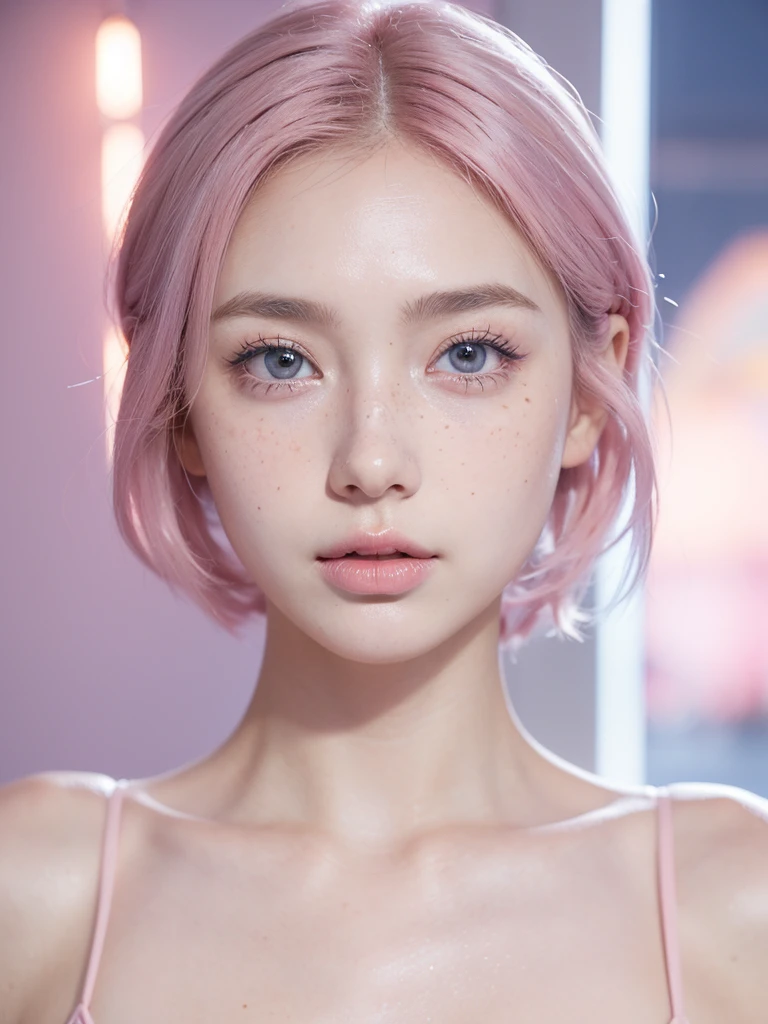 Background City City, camara angle top-side, looking side ways, 🤍 white and blue 💙 dress, Cute girl short pink hair,,all her hair short pink , with a star clip in her pink hair, light colored eyes, pretty eyes, crying eyes, pretty, upturned nose, watery nose, Pretty lips, pink lips, heart and cupid shaped lip, pretty skin, pale, White skin, with moles and freckles all over his face, soft pink blush on the cheeks, natural pink blush, soft pink makeup, Jennie, nice neck, marked collar, frown, tender look, with a kiss necklace, while having a bare abdomen, Delgado, marked and pretty, (big breasts, soft breasts, nice breasts), , night look, city light, photorealism, 8k , photorealistic