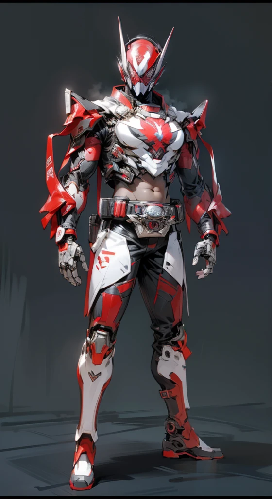 tmasterpiece,, Best quality at best, A high resolution, 1 man,Kamen Rider,Japanese Tokutsu style,Handsome Kamen Rider belt,Red and black Kamen Rider,Raven style elements, midriff,