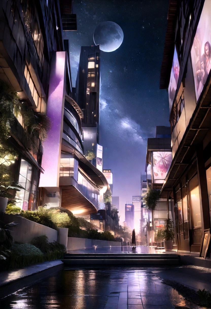 Starry sky and skyscrapers
(Highest quality,4K,8K,High resolution,masterpiece:1.2),Super detailed,(Realistic,photoRealistic,photo-Realistic:1.37),High resolution,超High resolution,Studio Lighting,very,Peaceful and calm,Quiet atmosphere,Soft moonlight,Calm,A lush rooftop garden with colorful flowers,A gentle breeze gently sways the plants,Fresh night air,The faint sounds of the city below,Deep purple hues in the night sky,Sparkling stars scattered across a dark canvas,A glimmer of light from a distant building,Reflection of the moon on the surface of a building,A subtle shadow illuminated by the moonlight,CalmCalmカラーパレット,A fantastical and dreamy atmosphere