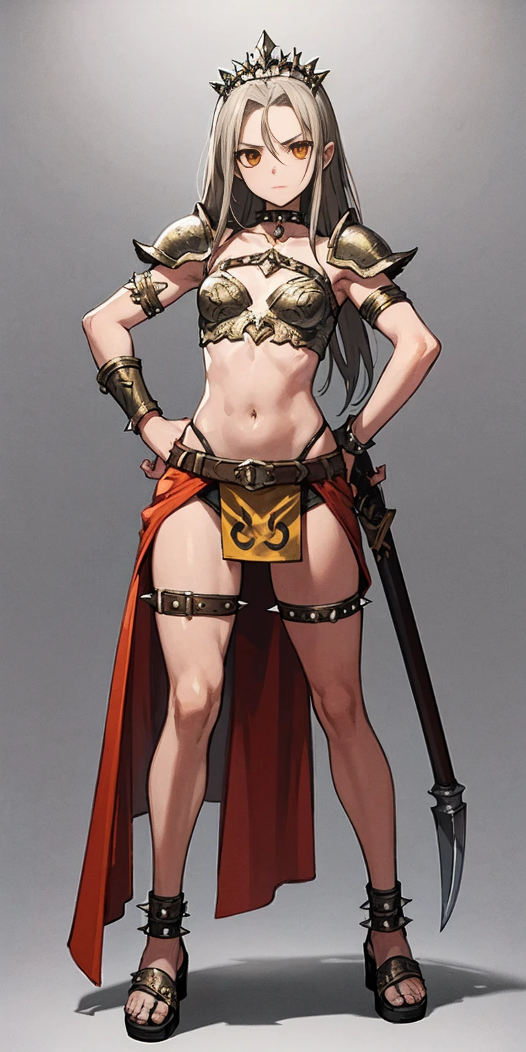 Subject:

1 Solo Female Gladiator
Pose:

Full body, whole body
Standing tall, hands on hips (conveying confidence)
Feet together, conveying a strong stance
View from slightly below, emphasizing her power
Clothing and Armor:

Loincloth (detailed and well-crafted, showcasing her warrior status)
Metal sandals, sturdy and battle-worn
Leather choker, adorned with a gladiator emblem or small spikes (optional)
Big belt, holding additional weapons or pouches (optional)
Bracers on forearms, for protection
Jewelry:

Tiara (can be simple and battle-ready, or adorned with feathers or gladiator symbols)
Additional Details:

Strong, defined muscles
Determined expression on her face
Optional: scars or other battle marks that tell a story of her victories