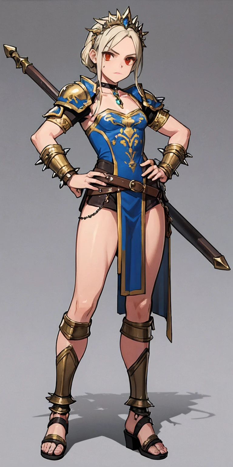 Subject:

1 Solo Female Gladiator
Pose:

Full body, whole body
Standing tall, hands on hips (conveying confidence)
Feet together, conveying a strong stance
View from slightly below, emphasizing her power
Clothing and Armor:

Loincloth (detailed and well-crafted, showcasing her warrior status)
Metal sandals, sturdy and battle-worn
Leather choker, adorned with a gladiator emblem or small spikes (optional)
Big belt, holding additional weapons or pouches (optional)
Bracers on forearms, for protection
Jewelry:

Tiara (can be simple and battle-ready, or adorned with feathers or gladiator symbols)
Additional Details:

Strong, defined muscles
Determined expression on her face
Optional: scars or other battle marks that tell a story of her victories