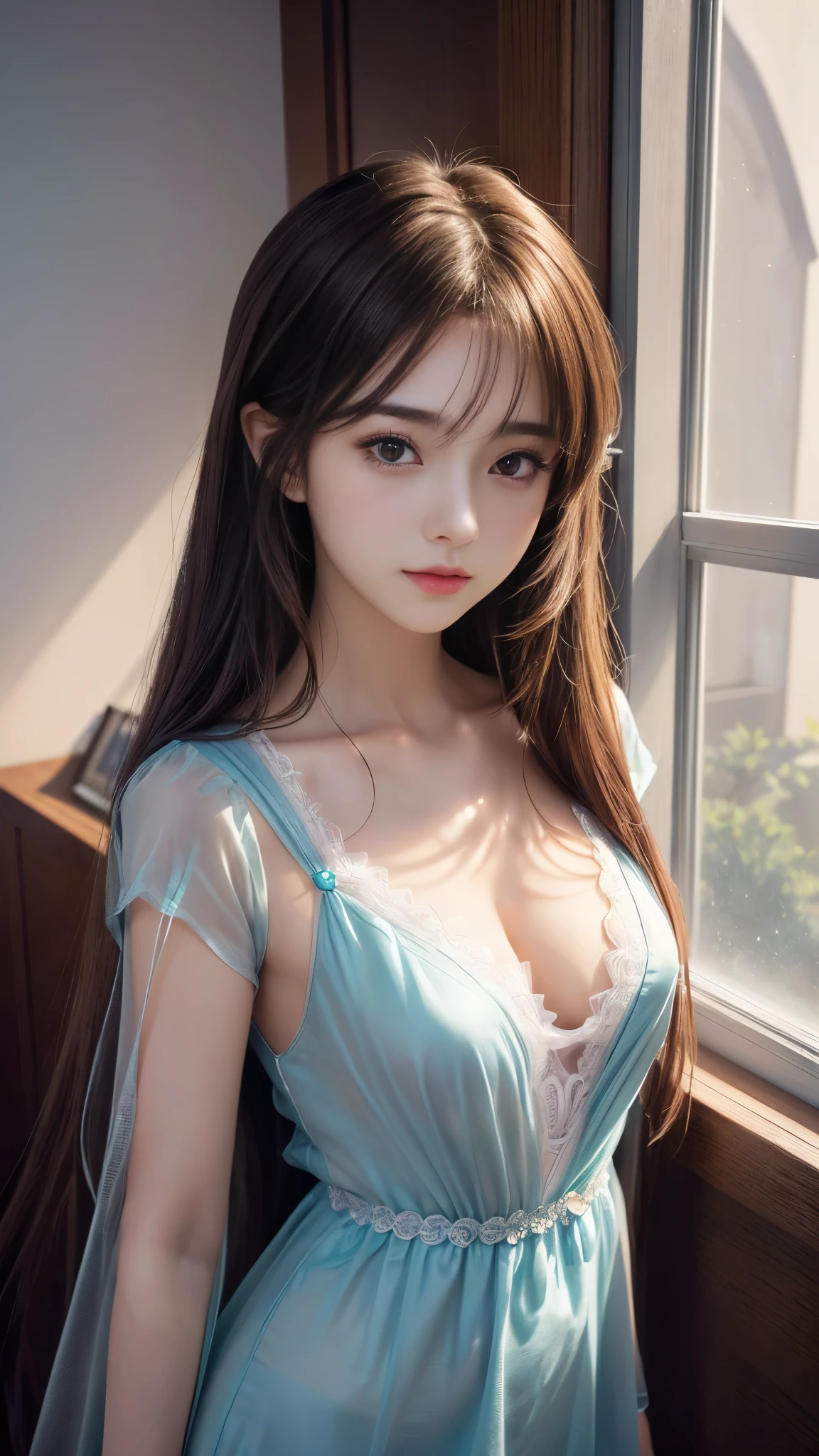 Anime girl with long hair standing in front of the window, Enchanting anime girl, Anime Girl Portrait, Smooth anime CG art, (Small beautiful breasts), Fascinating Cleavage, Beautiful Anime Girls, Detailed digital anime art, Attractive anime girl, (sheer garment:1.3), Painted in an anime artist&#39;s studio, Beautiful anime portraits, [ 4k digital art ]!!, Realistic anime art style, Anime Style 4k, Cute Anime Girl, Digital anime illustration, (Detailed eyes and face:1.3, Professional photography techniques), (Highest quality, 8K, masterpiece:1.2, RAW Photos), (Gaze at the viewer:1.2, Sexy expression:1.3, blush:1.2), (Photorealism:1.4), (Detailed hands), ((A beautiful girl, Baby Face:1.3, Idol Face)), (((Bra is visible through:1.1)))