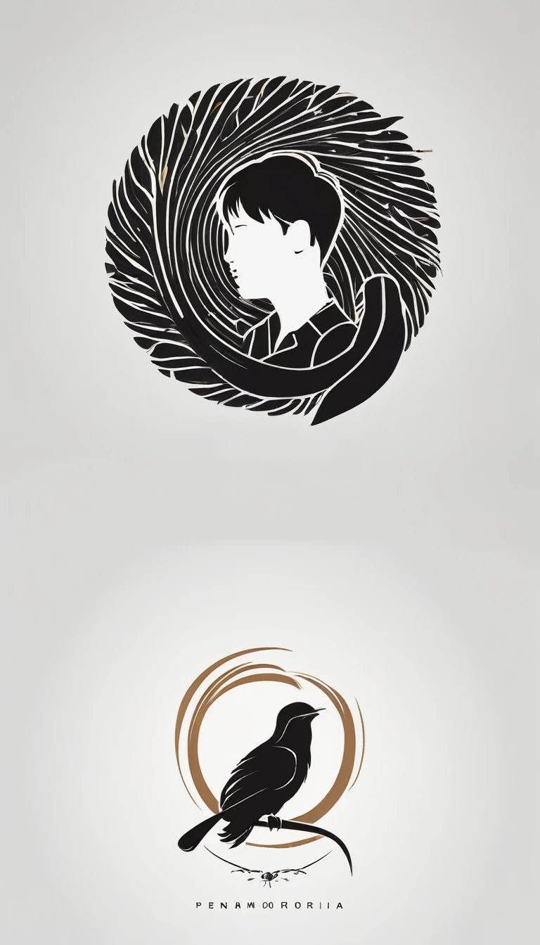 A minimal, modern, simple, cinematic logo design for the brand “Penamemoria". The logotype must be a simple, magical feather and a boy playing acoustic guitar. The logo must convey a sense of music, stories and dreams. Minimalistic logo design of a boy dissolving into a feather of dreams and memories