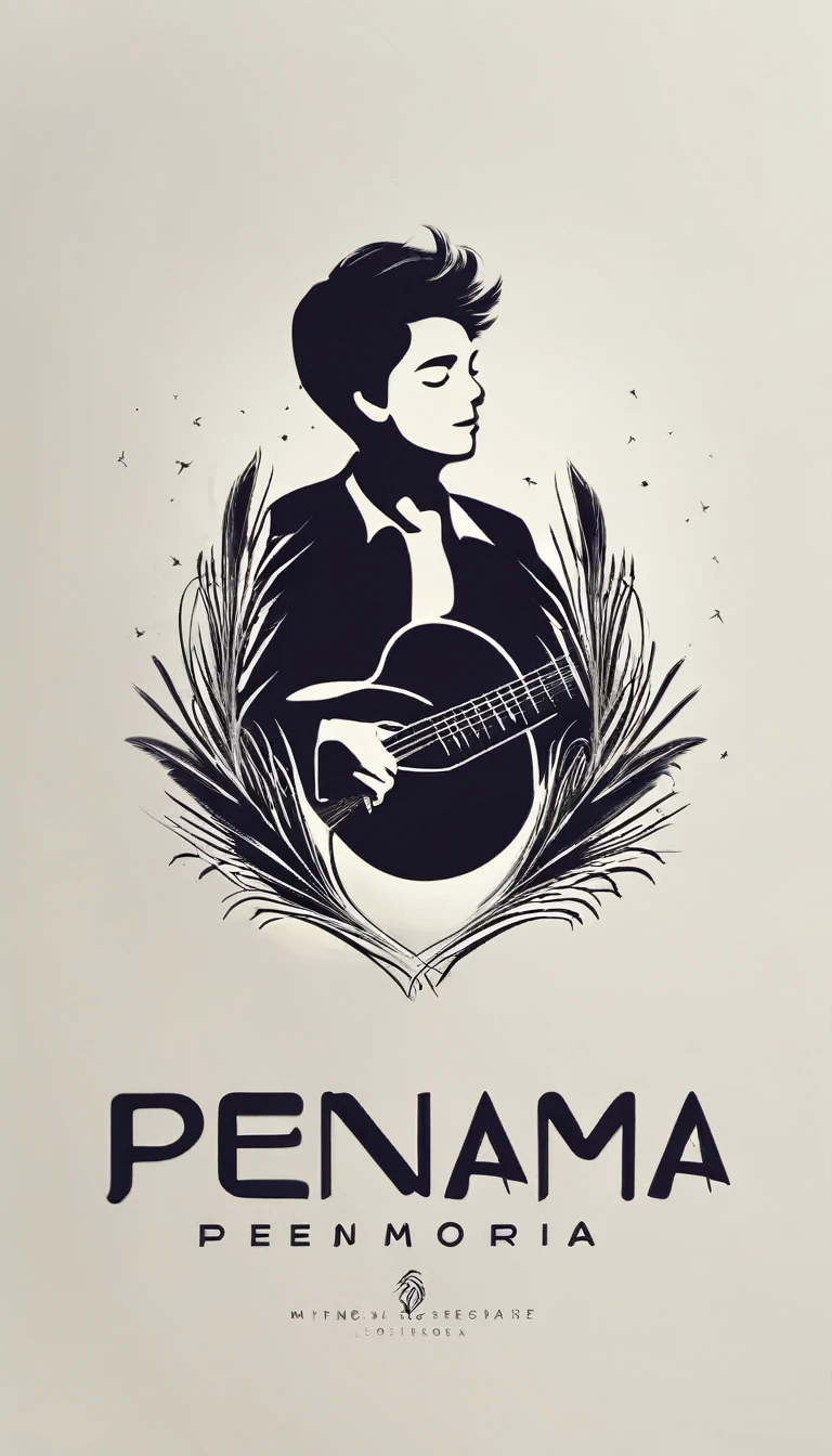 A minimal, modern, simple, cinematic logo design for the brand “Penamemoria". The logotype must be a simple, magical feather and a boy playing acoustic guitar. The logo must convey a sense of music, stories and dreams. Minimalistic logo design of a boy dissolving into a feather of dreams and memories