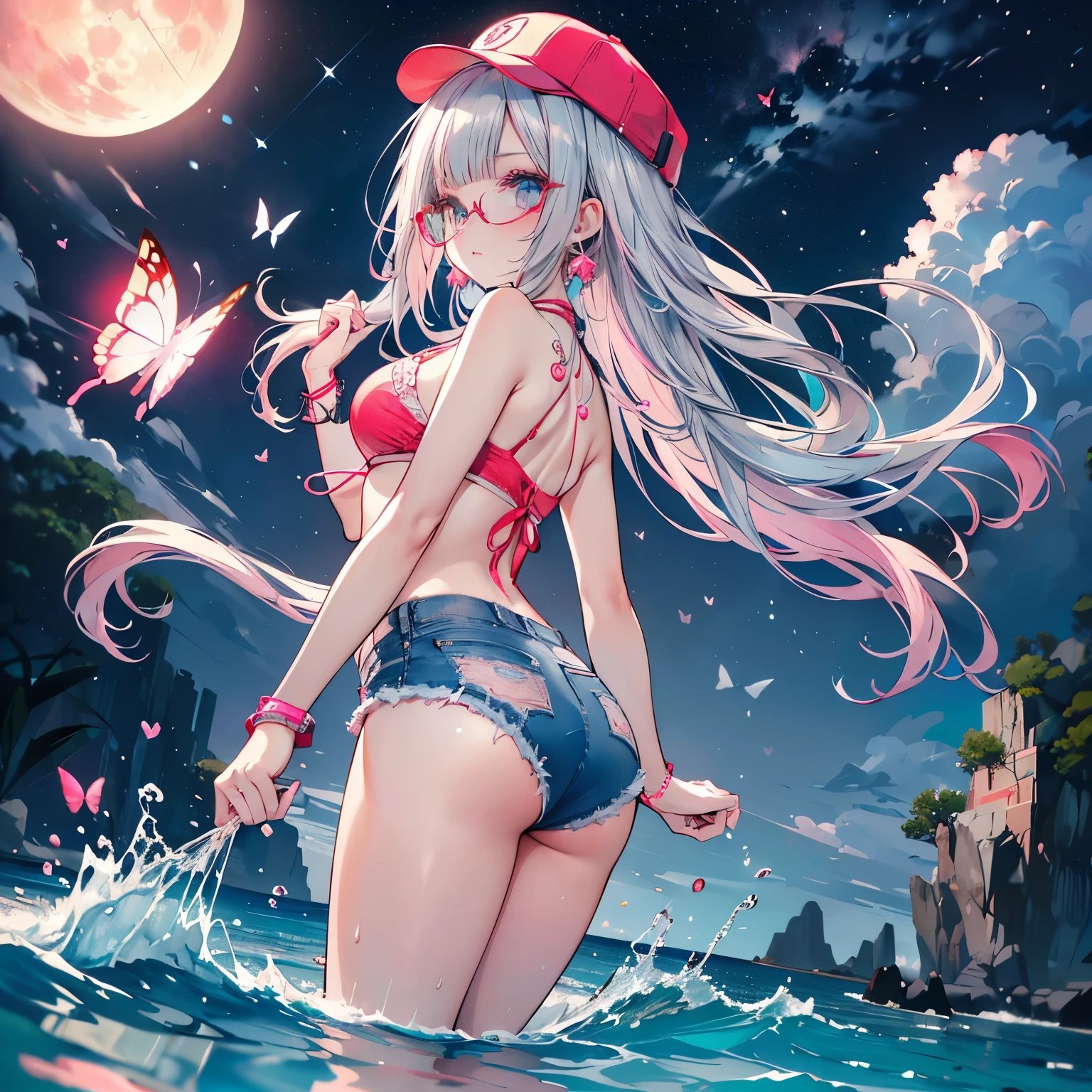 looking back at the viewer,butts focus,
low angle,from below,((elegant denim blue baseball cap)),
(wearing elegant red round frame glasses,circle frame),((white and red sexy elegant cute string tied summer bikini)),(pink and blue camisole),
(beautiful pink and green butterflies and fish all over the place),colorful fish,flowers,fantasy beams and lights,
((masterpiece:1.4, best quality)), ((masterpiece, best quality)),((beautiful twin tail silver pink hair,blunt bangs,beautiful cobalt blue eyes,little cute girl)),full body, bathing in the water,(beautiful emerald green beach,waves),(water splash,lovely laugh), (pink Lace chalker, red wristband, diamond necklace,earrings),cinematic lighting and pause,beautiful natural mysterious beach,night sky,full moon,(beautiful pink and red butterflies and fish all over the place),