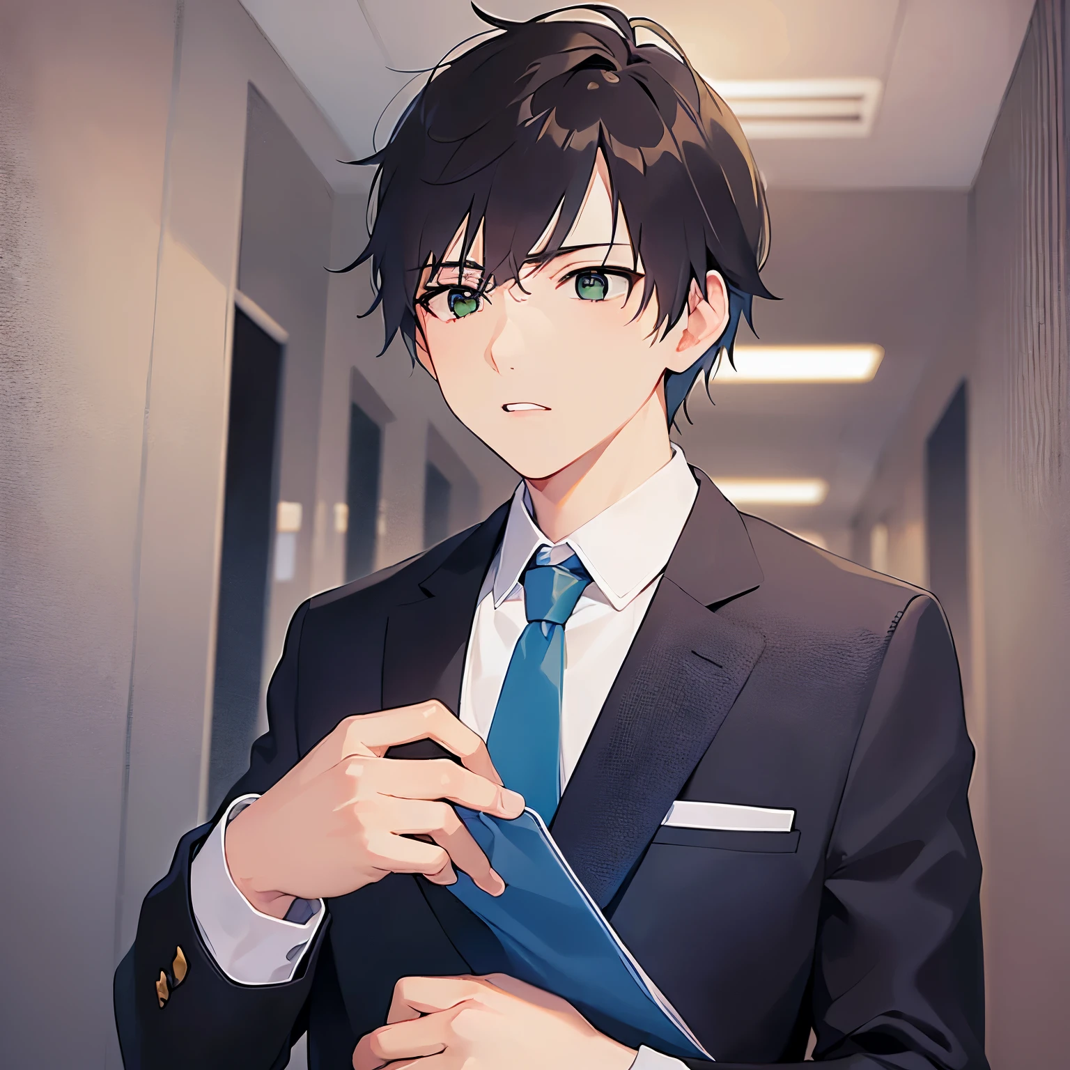  (looking away:1.5)、masterpiece、Highest quality、(25-year-old male:1.5) and (Brown short hair) and (Green Eyes), (Wearing a suit:1.3) and (Blue tie)、
surprised、The background is the office lobby.、(Alone:1.5),open mouth