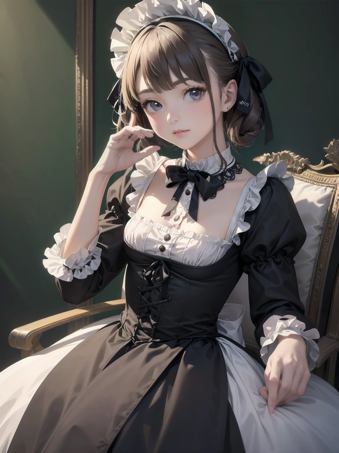 (Highest quality、16K、masterpiece、Ultra-high resolution、Victorian era、Photorealistic:1.2)、A delicate Lolita girl, aged 13、Cute poses of a lolita maid、