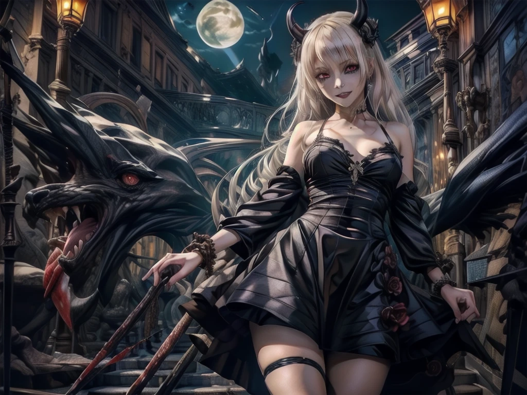 死んだ腐ったBloodに飢えた邪悪なzombie, Girl Venom, 黒い共bornborn物が付着している, Bloodまみれの, Evil look, Psychopathic, Torn clothes, Torn costume, sexy, reveal, Combat Stance, Very detailed, Vibrant appearance, Creative Action, Very detailed, Imaginative, Sensual, Voluntary, Small breasts, sexy, reveal, Highest quality, skinの質感, Intricate details, (Highest quality, masterpiece, 超High resolution), (8k wallpaper, High resolution, High resolution, born), (credibility: 1.4), (whole bodyショット), One girl, ((Anime Girls)),,(Bloodしぶき:1.6), ((Fantasy Witch Costume)), ((Flowing white hair)), ,(Bloodしぶき:1.6),Female curves, Large Breasts, Thick thighs, sexyな平らなお腹, 完璧なhand, 完璧なアニメのface, ((dark lolita dress)), Are standing, ((Wicked Smile)), ,(Bloodしぶき:1.6),In the Victorian city, gaslight, Steam circulates, Moonlight Illumination, night間照明, A sky filled with stars and galaxies,disaster々new devil horns,,(Bloodしぶき:1.6),アニメzombie魔女デザイン, ねじれた笑face、Bloodまみれの、頭からの出Blood、Bloodしぶき、,(Bloodしぶき:1.6),Crossbones, skull, Streetwear Design, Provector, Horror Style, Full Design, Huge breasts, Very detailed, Realistic, Dark fantasy, Gloomy atmosphere, Intricate details, Crazy Smile, 狂ったeye, A cute and luxurious hair band,(masterpiece:1.2, Highest quality), Scary atmosphere、Distorted facial expressions、Horror Art、Bloodの雨、Bloodを流す、Bloodしぶき,(Bloodしぶき:1.6),悪魔のeye、redいeye、scar、火scar、whole body、Torn hair of a woman dressed in slave clothing、（Long Hair）、（eyeにかかる長さの前髪）、Black Hair、（（（eyeの下のクマ）））、青白いskin、Feeling unwell、Pathological、邪悪な笑face、狂ったeye、（Grin）Dramatic makeup，Create mixed media art、,Horror 1 Girl, Open_mouth, , red_eye, Blood, Tilt_red_skin, Injury, Blood_in addition_face, Bandaged_arm, Blood_in addition_zombie, Blood_in addition_hand　, Open your eyelids wide, The trend is all, mouthを大きくOpen, mouthを開けてteethをむき出しにする,獣のような鋭いteeth, Wide lips, 非常に広いmouth, Vermilion cheeks, blonde, ,(Bloodしぶき:1.6),Princess Cut, Ribbon hair ornament, brooch, Otaku Room, Well-built body, Nice body, Ample breasts, Thick body,eyeを大きく開いて、Scary atmosphere、Distorted facial expressions、ねじれた笑face、Bloodまみれの、頭からの出Blood、Bloodしぶき、whole body、,(Bloodしぶき:1.6),Long Hair、Long bangs、Well-built,Broad shoulders,I focus,(face),Messy Hair,いeye,(光るeye),red信号,笑face,big 笑face,teeth,psycho 笑face,gesugao,Dark city background,darkness,night,(close),良いeye, 良いteeth,サディスティックな笑face,,all,光沢のあるskin,詳細なface,Beautiful body,　mouthからの白い息　Luxurious lace long gloves