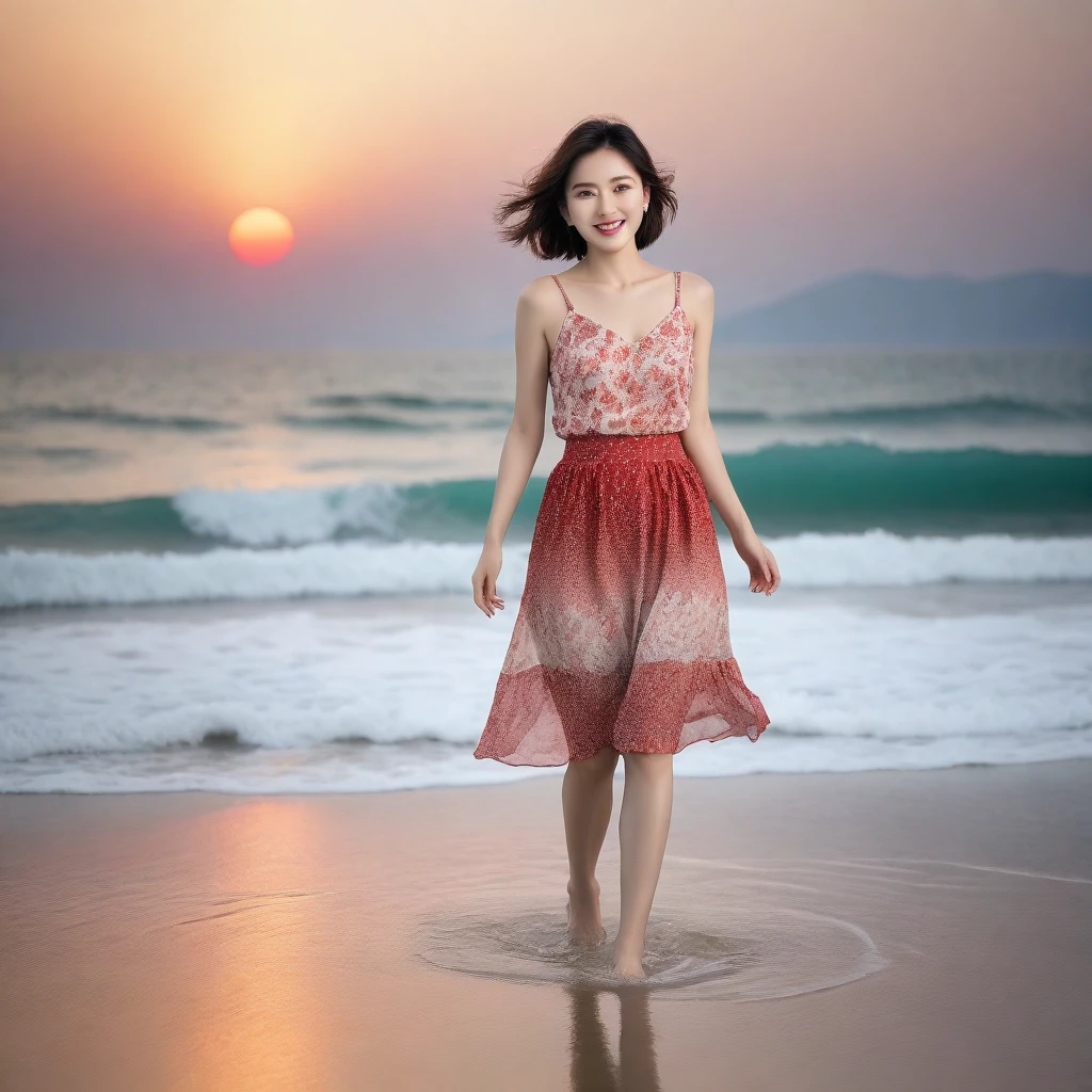 sunset red sun on the beach，A strong afterglow is reflected in the sea., Beautiful 36 year old short Korean woman, Chest size 34 inches, Wear sleeveless, light skirt. beautiful pretty woman look , wearing a light skirt , Go far into the sea water and dip your toes., Short medium hair blowing in the wind, 1 woman, beautiful eyes, a little smile, Full body photo from a distance with a wide angle lens, The background is clear and perfect, waves are coming
