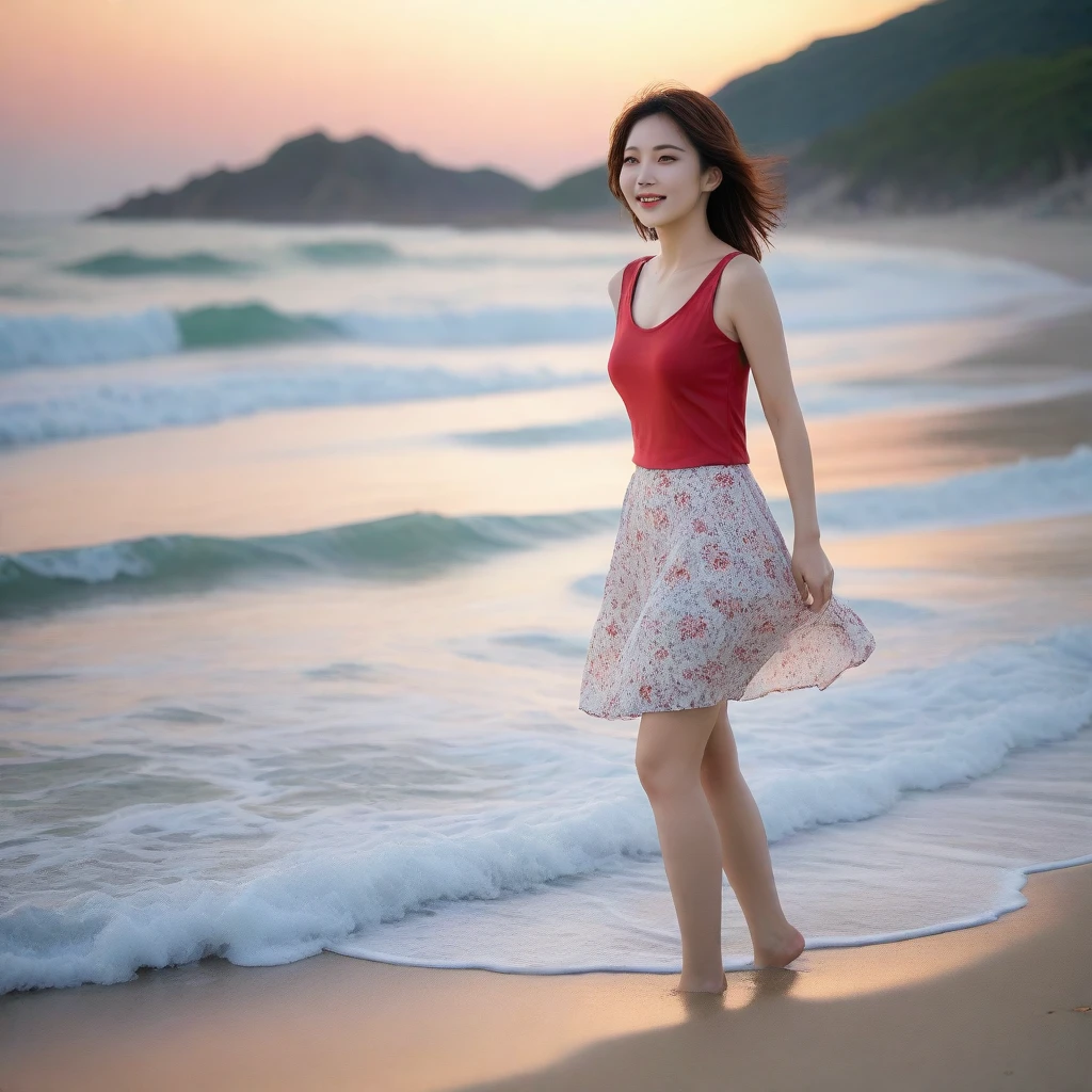 sunset red sun on the beach,A strong afterglow is reflected in the sea., Beautiful 36 year old short Korean woman, Chest size 34 inches, Wear sleeveless, light skirt. beautiful pretty woman look , wearing a light skirt , Go far into the sea water and dip your toes., Short medium hair blowing in the wind, 1 woman, beautiful eyes, a little smile, Full body photo from a distance with a wide angle lens, The background is clear and perfect, waves are coming