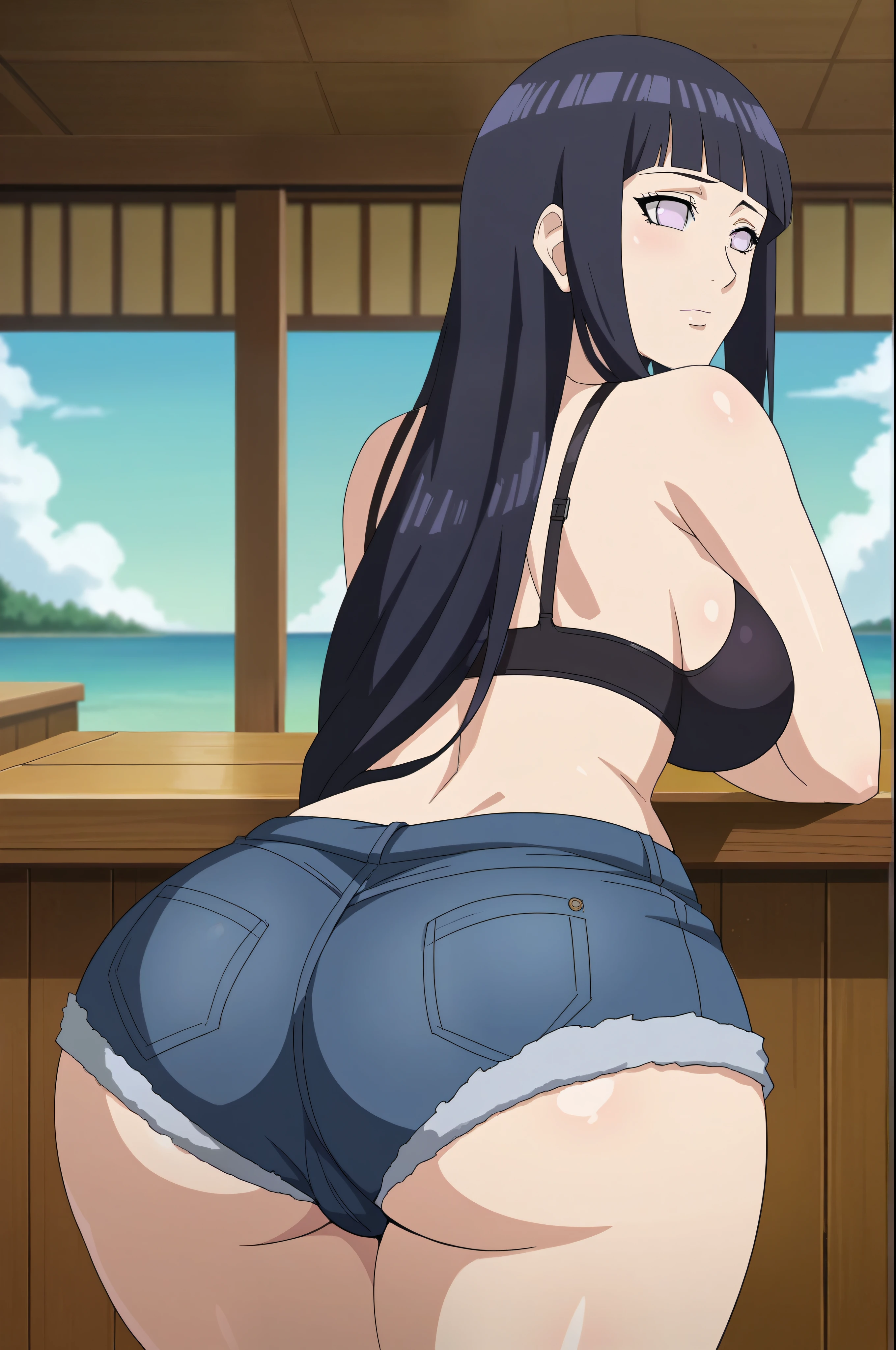 score_9, 1girl,solo, large breasts, (hinata, hyuuga hinata, purple eyes, blunt bangs, black hair) big breasts, perfect breasts, large breasts, round breasts, sexy body, slim waist, nice hips, skinny, nice thighs, short shorts, tiny shorts, micro shorts, black jean shorts, rear pov, back view, wearing short shorts, jean shorts, black bra, big ass, nice ass,