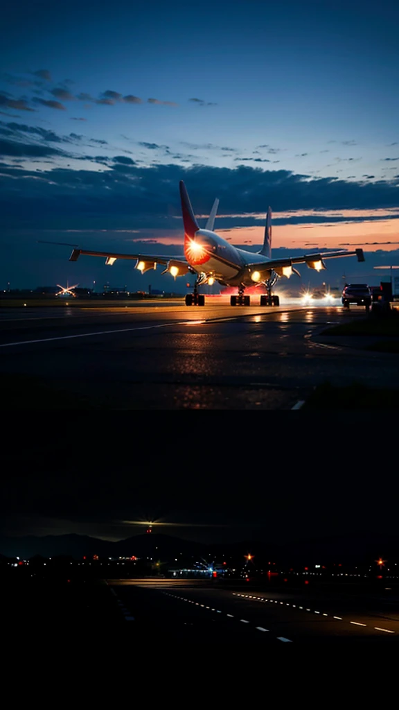 1 The plane is landing.,Runway,airport,at night,4k high detail images,8K ,realistically