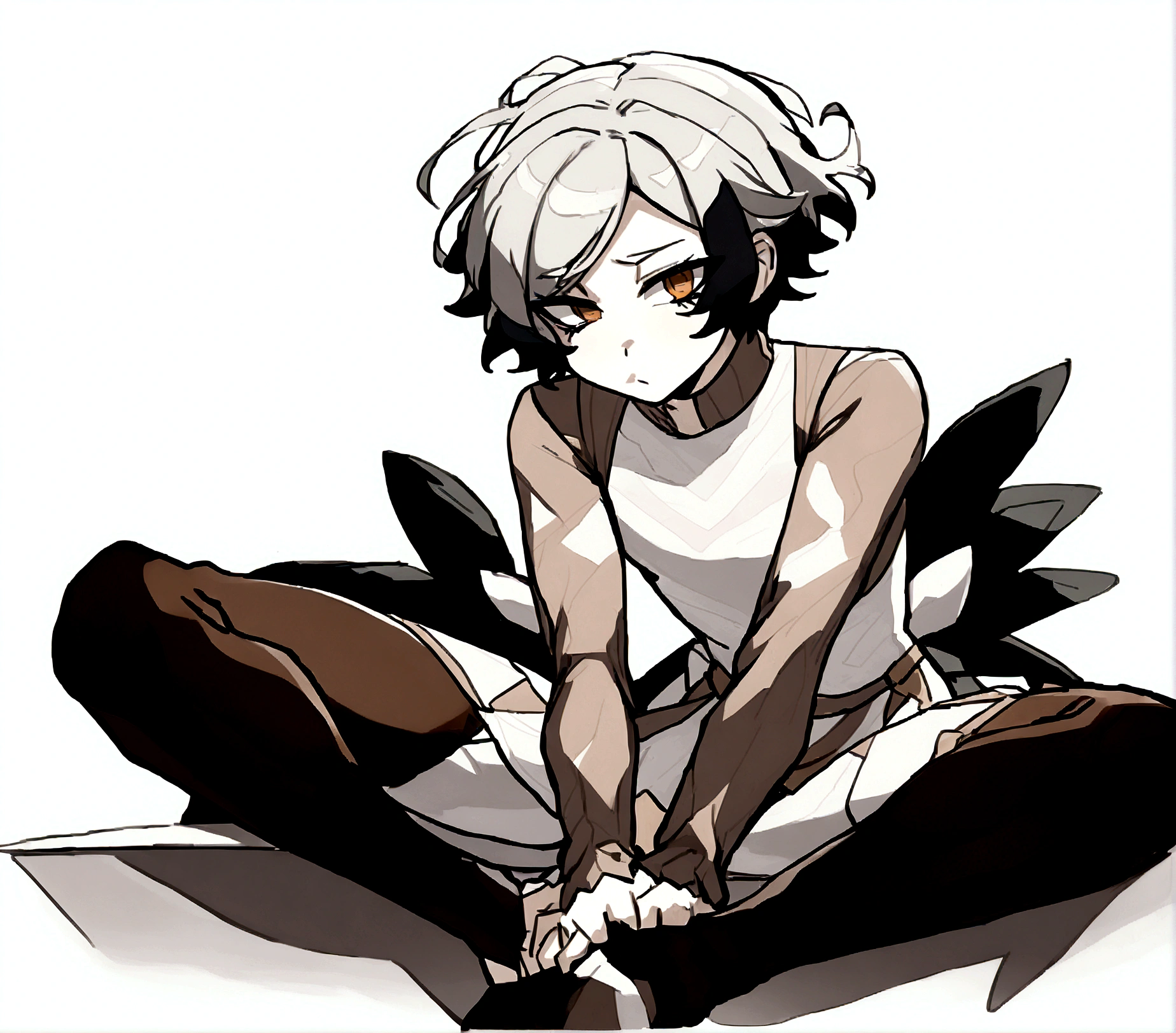 anime - drawing style of a woman sitting on the floor with her hands on her knees, digital art from danganronpa, holding a pudica pose, by Puru, offcial art, 2b, 2b, neferpitou, fubuki, badass pose, konachan, high quality fanart, wise ( assessing )