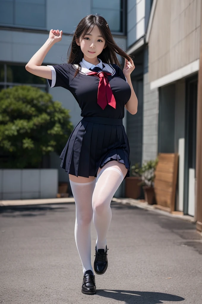 (((young Japanese girl jumping  wearing high school uniform))),(full body shot:2),  natural lighting, ultra sharp focus,huge breasts, ((beautiful face)), wearing pantyhose, wearing short sleeve