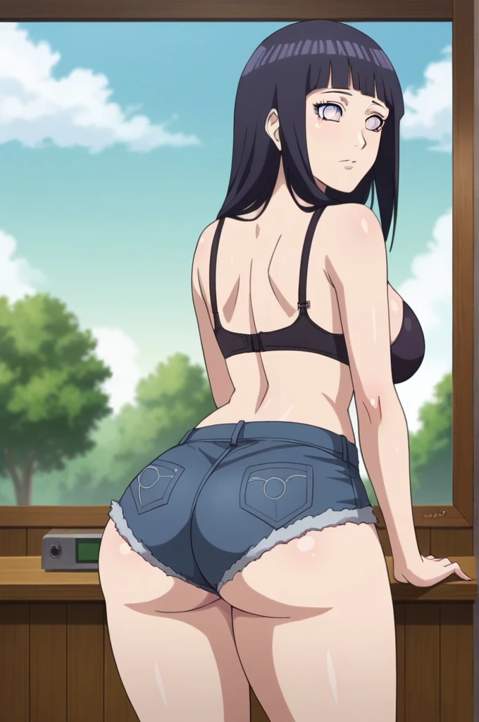 score_9, 1girl,solo, large breasts, (hinata, hyuuga hinata, purple eyes, blunt bangs, black hair) big breasts, perfect breasts, large breasts, round breasts, sexy body, slim waist, nice hips, skinny, nice thighs, short shorts, tiny shorts, micro shorts, black jean shorts, rear pov, back view, wearing short shorts, jean shorts, black bra, big ass, nice ass,