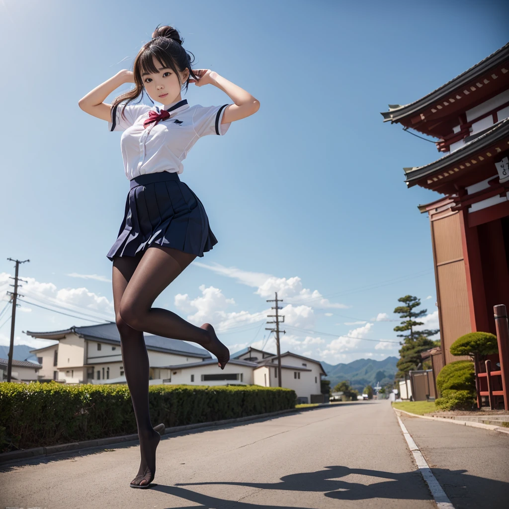 (((young Japanese girl jumping wearing high school uniform))),(full body shot:2), natural lighting, ultra sharp focus,huge breasts, ((beautiful face)), wearing pantyhose, wearing short sleeve