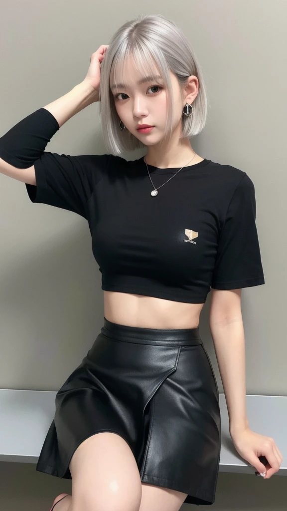 (8K, Photorealistic, Raw photo, Highest quality: 1.4),Japanese idol-style beautiful girl,model,1 person,18-year-old,(Short Bob),(Silver Hair :1.2),She has her hair tucked behind her ears,Clear grey eyes,Long eyelashes,(piercings(small)),(Lip gloss),lips(Plump,glossy),thin long neck,(Micro T-shirt((Perfect for the skin),(Black),(Short length that shows the navel))),(flare skirt(Length that covers the ankles)),pumps,Full body portrait
