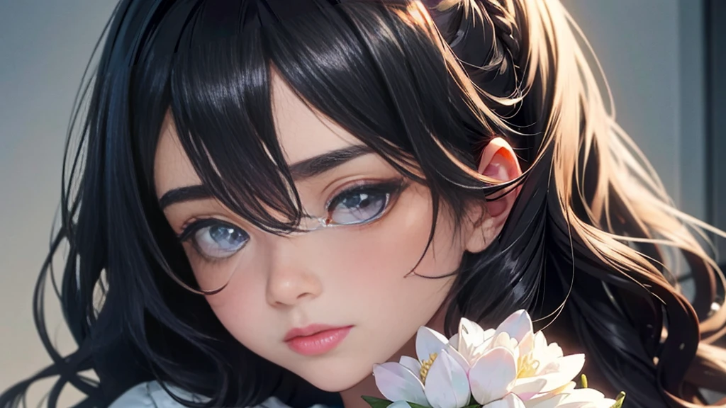 Woman and bouquet，She looked at me with such beautiful and kind eyes..Schneider Pastel Ink Details, Soft and wonderful, fluffy, (Very nice and beautiful), (Perfect detail)、(pastel colour),Soft texture:1.2.(Tabletop, Highest quality), (Beautiful, detailed eyes), (Detailed eyes and face),（Jet black silky hair), The colour is noticeably brighter.A faintly blurred silhouette