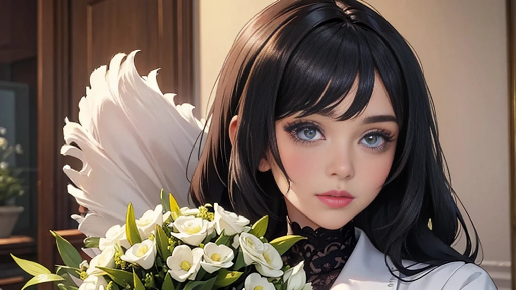 Woman and bouquet,She looked at me with such beautiful and kind eyes..Schneider Pastel Ink Details, Soft and wonderful, fluffy, (Very nice and beautiful), (Perfect detail)、(pastel colour),Soft texture:1.2.(Tabletop, Highest quality), (Beautiful, detailed eyes), (Detailed eyes and face),(Jet black silky hair), The colour is noticeably brighter.A faintly blurred silhouette