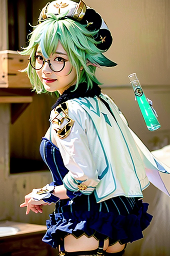 1girl, sucrose \(genshin impact\), smile, vision \(genshin impact\), glasses, green hair, multicolored hair, long hair, ponytail, orange eyes, animal ears, hat, dress, long sleeves, gloves, garter straps, black thighhighs, test tube, dynamic angle, dynamic pose,, (8k, RAW photo, best quality, masterpiece:1.2), High detail RAW color photo, professional photograph, cowboyshot, (realistic, photo realistic:1.37), ((best quality)), (looking at viewer:1.2),