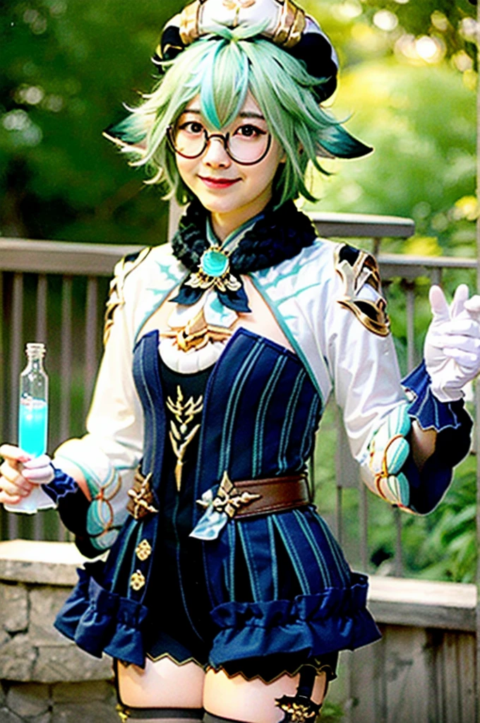 1girl, sucrose \(genshin impact\), smile, vision \(genshin impact\), glasses, green hair, multicolored hair, long hair, ponytail, orange eyes, animal ears, hat, dress, long sleeves, gloves, garter straps, black thighhighs, test tube, dynamic angle, dynamic pose,, (8k, RAW photo, best quality, masterpiece:1.2), High detail RAW color photo, professional photograph, cowboyshot, (realistic, photo realistic:1.37), ((best quality)), (looking at viewer:1.2),