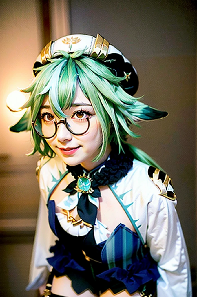 1girl, sucrose \(genshin impact\), smile, vision \(genshin impact\), glasses, green hair, multicolored hair, long hair, ponytail, orange eyes, animal ears, hat, dress, long sleeves, gloves, garter straps, black thighhighs, test tube, dynamic angle, dynamic pose,, (8k, RAW photo, best quality, masterpiece:1.2), High detail RAW color photo, professional photograph, cowboyshot, (realistic, photo realistic:1.37), ((best quality)), (looking at viewer:1.2),