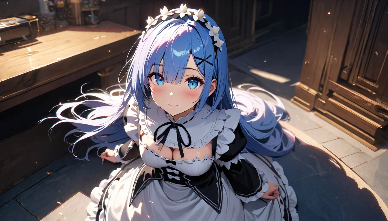 rem, Re:NULL, A high resolution, ultra detailed,((pixel perfect, perfect in detail))), aboutдин, 1 girl,  REM sleep, Roswaal Mansion Maid Uniform, maid headdress, Looking at the viewer, smile, ., High view, particles and hard light, cut corner. depth of field、natural soft light、professional lighting、aboutтличная smile、(highly detailed skin: 1.2)、Photorealistic render of an anime girl、Bright highlights of the eyes、Ideal Anatomy、、permission 8k、complex parts、Toned waist、Wide buttocks、Эффект Тиндаллаmasuter piece、top quality、Highest standards、Highest image quality、table、complex parts、A high resolution、depth of field、natural soft light、professional lighting、about, standing, very long hair, cowboy shot, brilliant, brilliant hair, (night:1.2),Dreamy, [[gentle fingers and hands:0.55]::0.85],(detailed fingers),),(emotional),(breathtaking),(main part:1.2) whole body.), (Anime Style), (Super Detailed), (brutal), (uhd, HDR), (8K), (High Resolution: 1.2), (Complex and Beautiful: 1.2)