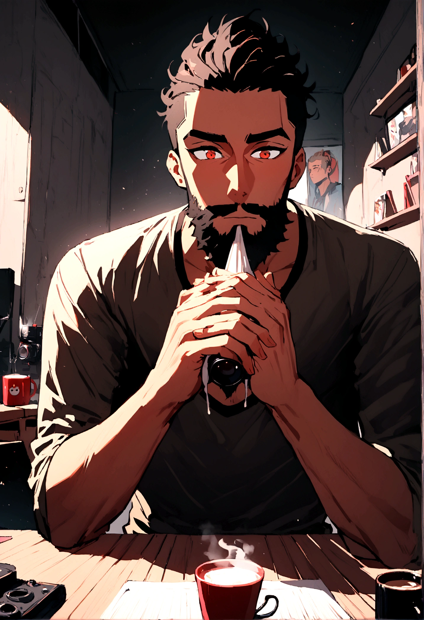 (1 young boy) young black man, shaved black hair, looking like Taylor Launer, clean beard close to the face, light brown red eyes. Youtuber sitting in front of the camera recording videos for his YouTube channel, tidy room, with horror posts on the walls, hands with super details 5 fingers on each hand. At your desk a hot coffee while giving a blowjob.