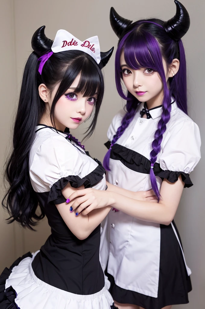 girl Little devil maid nurse black purple white hair half twin