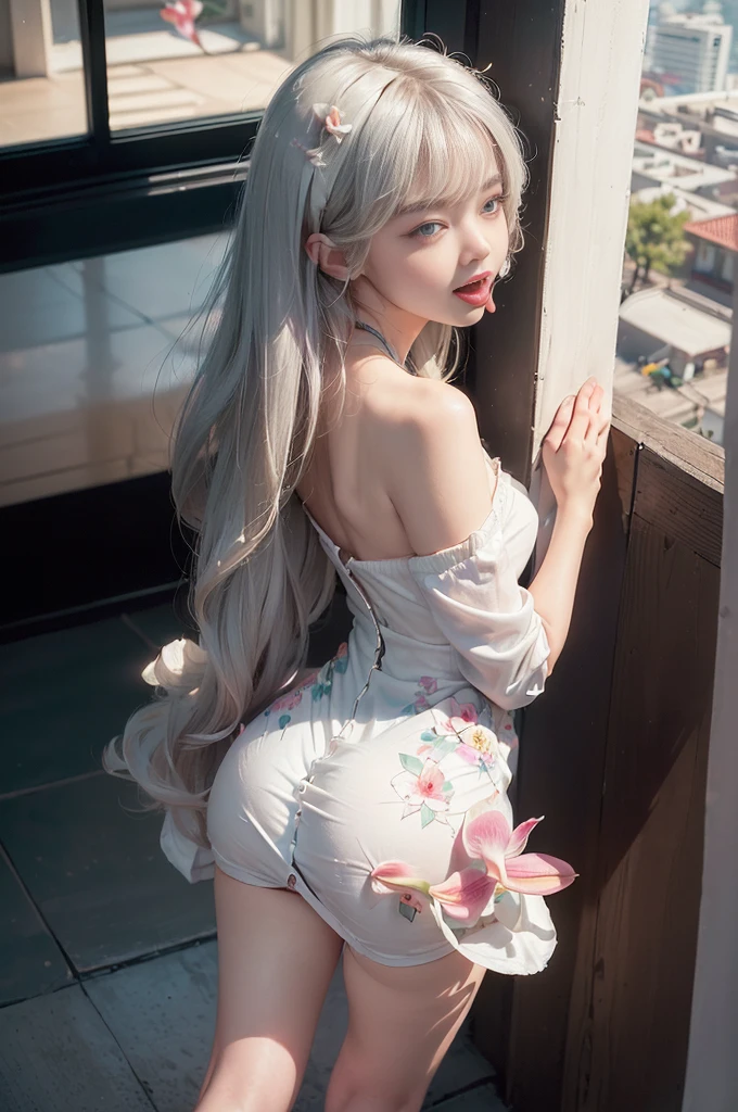((Girl Standing In Office)),(((posterior view)))、 Silver hair, Bangs, Blunt bangs, Long straight hair, aqua eyes, longeyelashes, Solid Circle Eyes, makeup, Open mouth, blush, Parted lips, Bright pupils, smiley, Seductive smile, glint, surrealism, Modern、Black pantyhose、high-heels、((Pure white dress、Floral dress、、off shoulders、up skirt: 1.6))、Skyscrapers are hazy in the windows、mix4、((Black lace panties))、((stick out buttocks))、Provocative、Skyscrapers are hazy in the windowix4、(())、((stick out buttocks))、Provocative、 (Best Shadow: 1.1), (tongue、Vaginal orchids、Runny Vaginal Discharge、Blowing tide)、