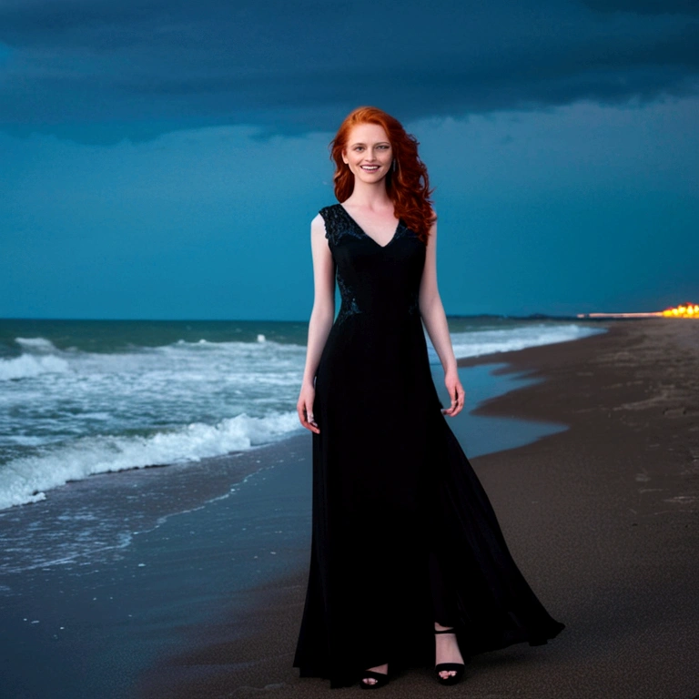 Redhead model with blue eyes, stands on beach, sea in the back left, black long dress, without sleeves, black elegant shoes, smiles a little. Darken the sky, like at night