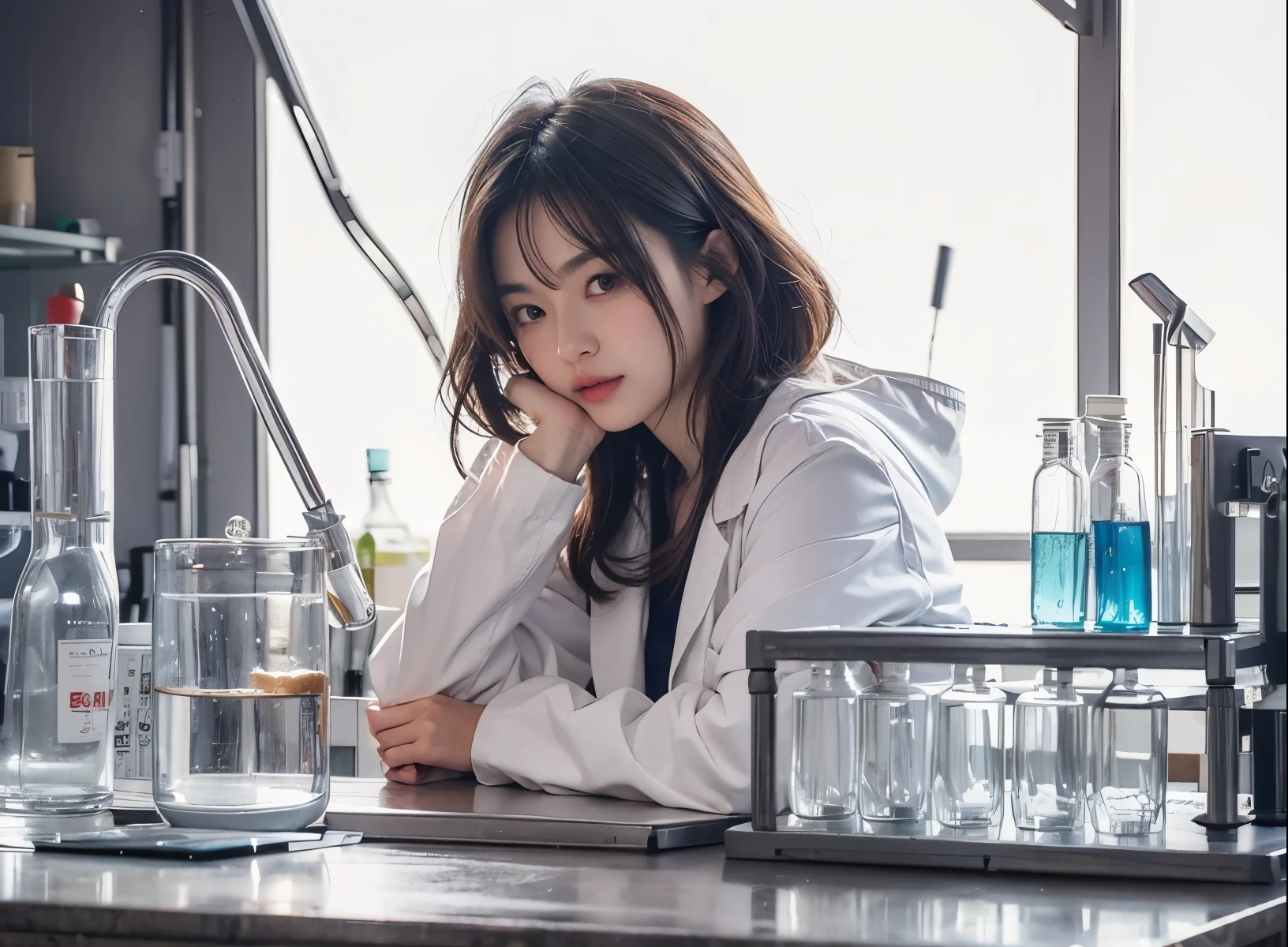 Beautiful Japanese Waifu, early 30s, brunette hair, white lab coat, sitting behind chamical lab table
