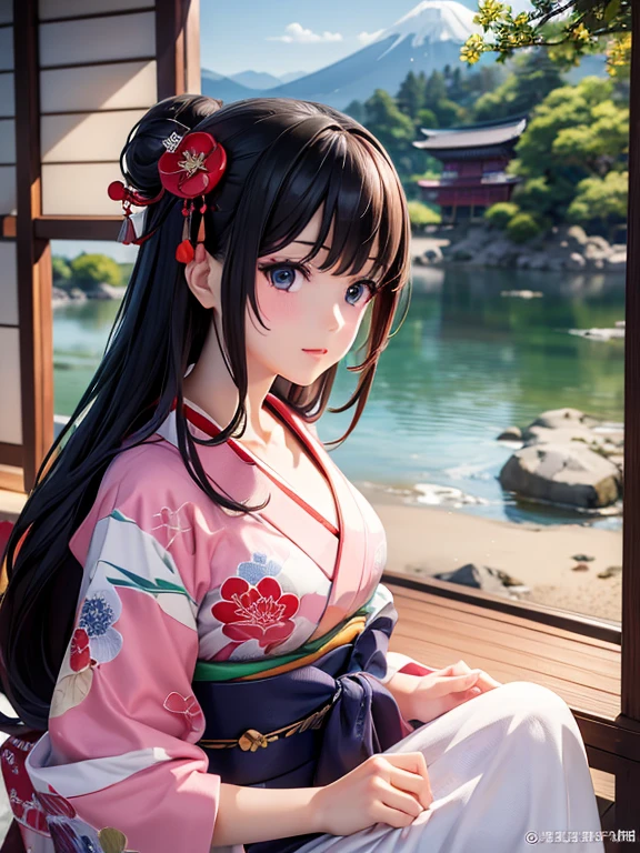 (Highest quality、masterpiece、High resolution、8K)、Vibrant colors、Ukiyo-e、Utamaro、Kimono Beauty、river、Mount Fuji in the distance、Japanese Landscape、Official Art、