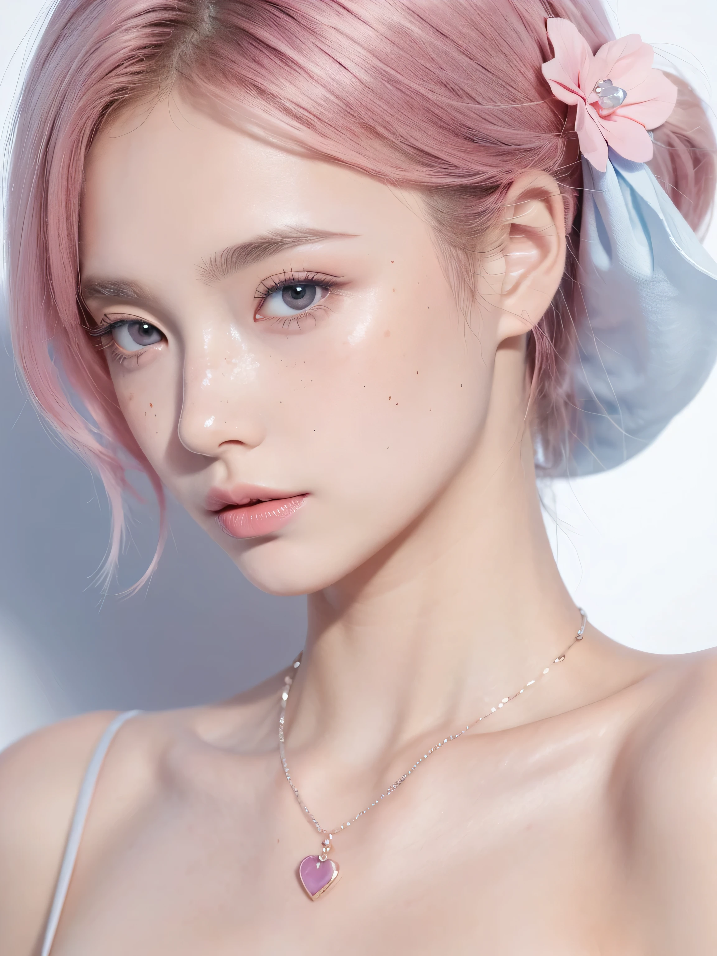 Background City City, camara angle top-side, looking side ways, 🤍 white and blue 💙 dress, Cute girl short pink hair,,all her hair short pink , with a star clip in her pink hair, light colored eyes, pretty eyes, crying eyes, pretty, upturned nose, watery nose, Pretty lips, pink lips, heart and cupid shaped lip, pretty skin, pale, White skin, with moles and freckles all over his face, soft pink blush on the cheeks, natural pink blush, soft pink makeup, Jennie, nice neck, marked collar, frown, tender look, with a kiss necklace, while having a bare abdomen, Delgado, marked and pretty, (big breasts, soft breasts, nice breasts), , night look, city light, photorealism, 8k , photorealistic