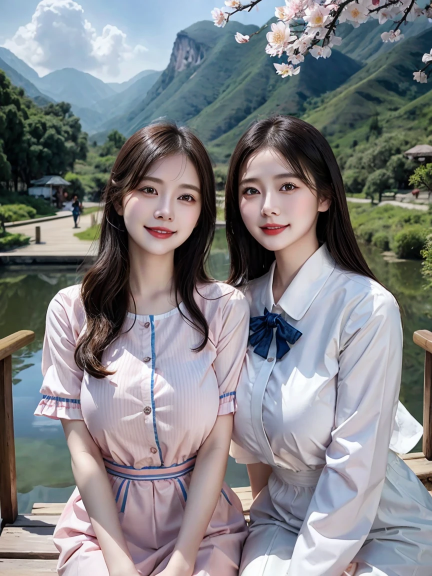 Two young girls, White skin, cute, Light pink lips, cute smile, Sparkling eyes, Wearing bright colored stewardess clothes. Sitting on a wooden bridge over a lotus pond, Beautiful Mountain々there is, There is a cherry tree next to it., The sky is bright. Night atmosphere in the rainy season in China ,Wet,Digital Art, Realistic, whole body((Round Breasts)((Big Breasts)) High resolution 8k
