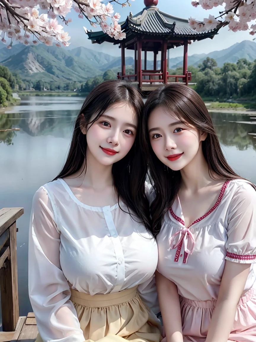 Two young girls, White skin, cute, Light pink lips, cute smile, Sparkling eyes, Wearing bright colored stewardess clothes. Sitting on a wooden bridge over a lotus pond, Beautiful Mountain々there is, There is a cherry tree next to it., The sky is bright. Night atmosphere in the rainy season in China ,Wet,Digital Art, Realistic, whole body((Round Breasts)((Big Breasts)) High resolution 8k