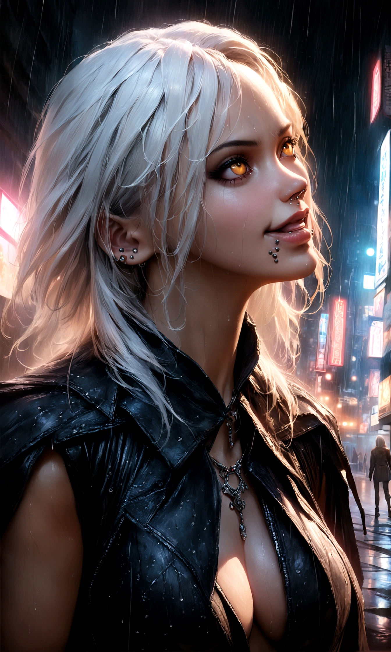 anime women, dark outfit with red and blue details, white hair, (golden dragon eyes) standing in a rain soaked, city street at night, photorealistic, cinematic lighting (best quality:1.2),ultradetailed,(photorealistic:1.37), neon lights, vivid colors,bokeh,[realistic], angry looking face with smirk on mouth, piercing, ABS, (looking up), ((face piercing)), gaze, 4k, particles in the air, powers, amazing art work full of details