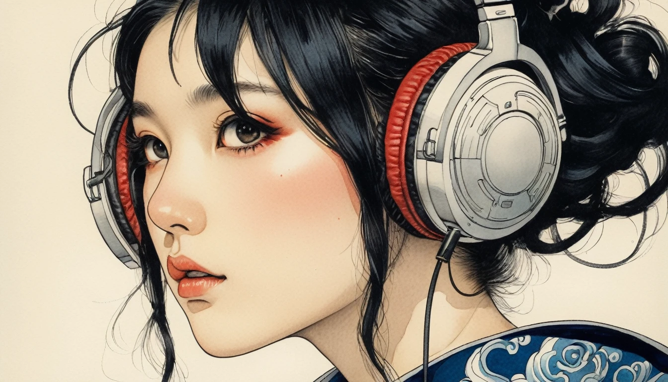 (((Highest quality))), (((Katsushika Hokusai))), (((Ink Painting))), ((very straight longhair)), ((1 girl)), ((Half of his face is a robot)), Japanese style headphones