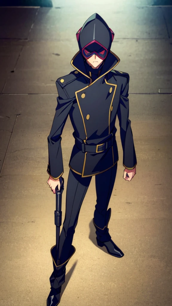 Male, teenager, vigilante, wearing dark clothes, a military coat, and a full-face mask, athletic build, hands in pockets, standing at attention, nighttime setting, lone figure, face concealed by mask, head facing viewer, fully in frame, full body shot, Code Geass style, codeGeass, CODEGEASS