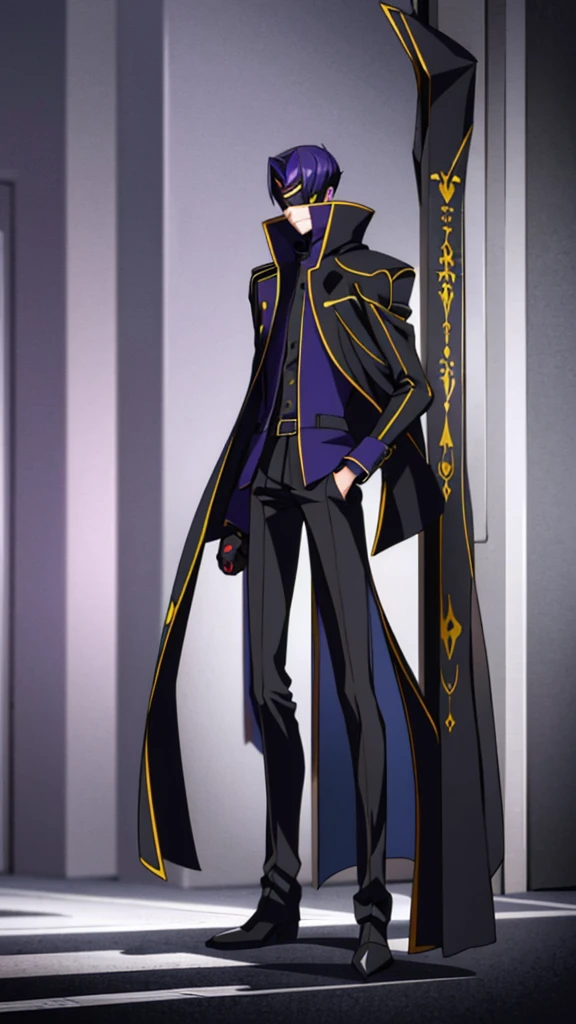 Male, teenager, vigilante, wearing dark clothes, a military coat, and a full-face mask, athletic build, hands in pockets, standing at attention, nighttime setting, lone figure, face concealed by mask, head facing viewer, fully in frame, full body shot, Code Geass style, codeGeass, CODEGEASS