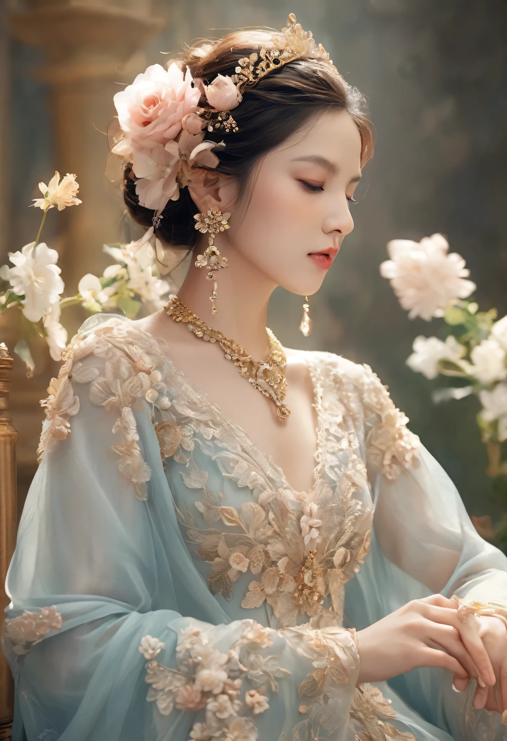(best quality,8K,high resolution,masterpiece:1.2),Extremely detailed,(Practical,Reality,Photo-realistic:1.37),Creative style artwork,,classical,complicated,multiple colour,Very detailed,Soft lighting,Luxurious environment,detailed gown,Bright flowers,detailed jewellery,Ethereal atmosphere,Elegant Posture,Beautiful curves,Golden body proportions,Flowing hair,Stunning textile patterns,Delicate floral decoration,A wide range of crystal accessories,Mysterious and dreamy atmosphere,Impeccable attention to detail
