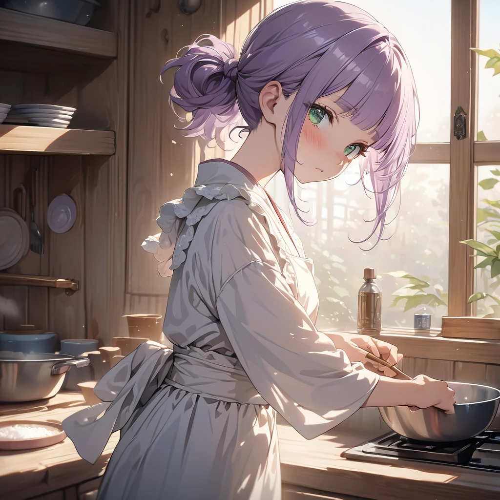 masterpiece, ultra detailed, 8K, a girl, kawaii, light atmosphere, (Cute a tsundere girl:1.5), anime visual, (tilt head:1.3), extremely delicate face, realistic lighting and shading, (an extremely delicate and beautiful art:1.3), a girl,blush,
from side, cowboy shot, pale purple hair, blunt bangs hair, green eyes, In the kitchen of a Taisho-style Western-style house, a woman is wearing a navy blue japanese kimono, a cooking apron, her hair tied back, and serving rice, look at viewer,