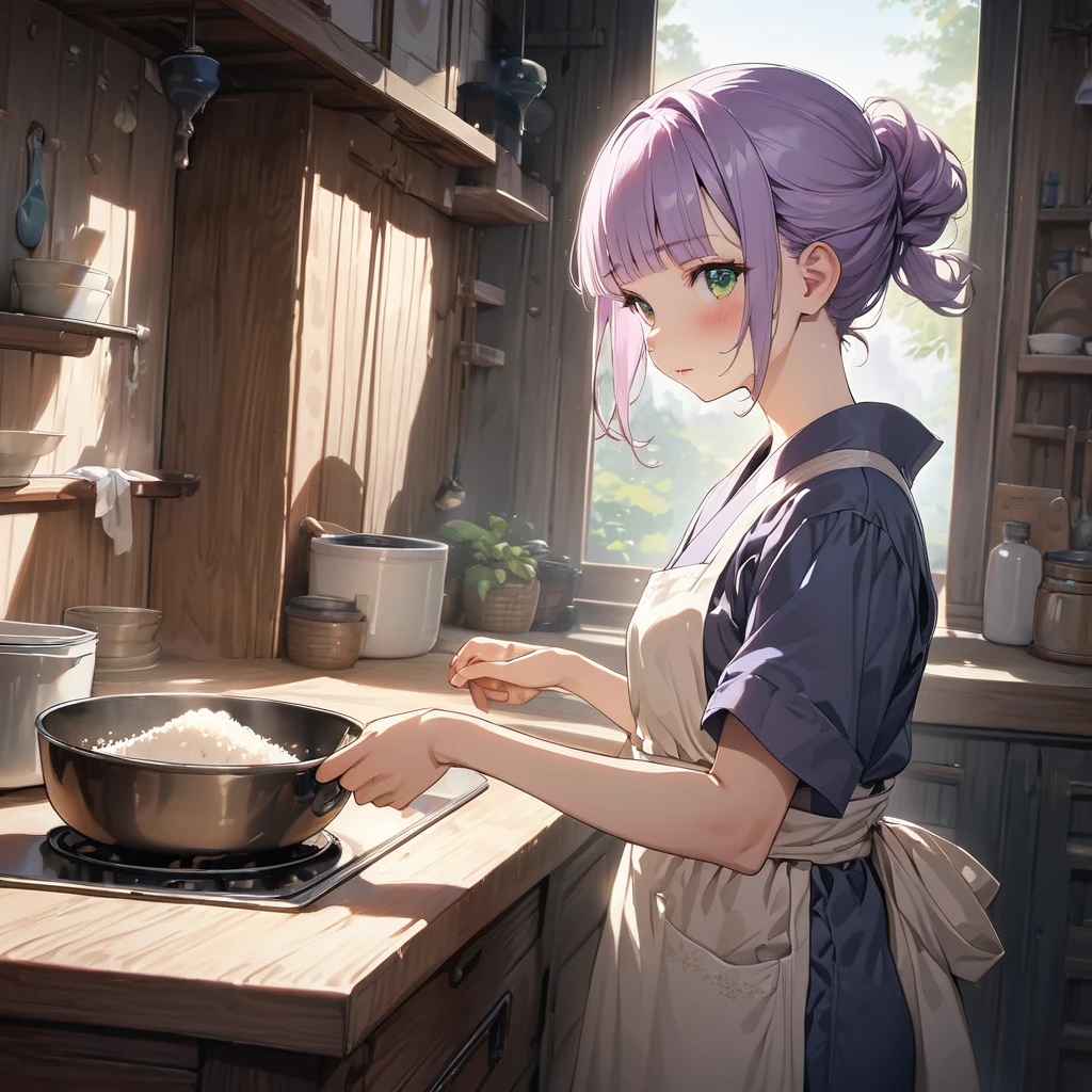 masterpiece, ultra detailed, 8K, a girl, kawaii, light atmosphere, (Cute a tsundere girl:1.5), anime visual, (tilt head:1.3), extremely delicate face, realistic lighting and shading, (an extremely delicate and beautiful art:1.3), a girl,blush,
from side, cowboy shot, pale purple hair, blunt bangs hair, green eyes, In the kitchen of a Taisho-style Western-style house, a woman is wearing a navy blue japanese kimono, a cooking apron, her hair tied back, and serving rice, look at viewer,