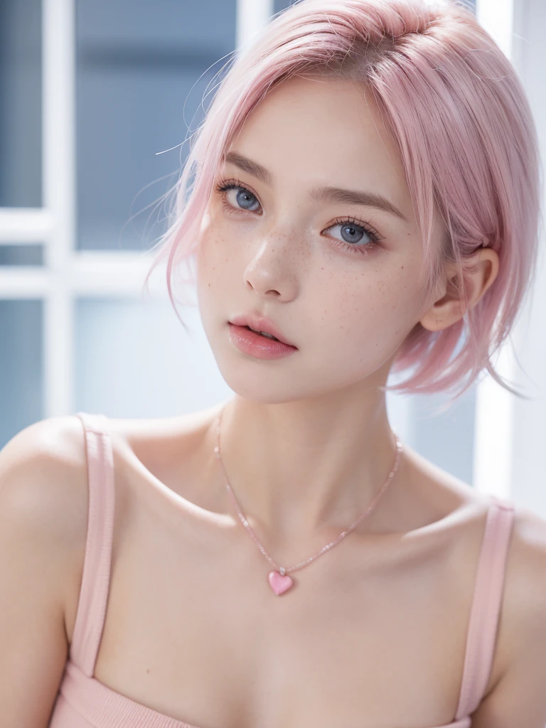 Background City City, camara angle top-side, looking side ways, blue blue blue blue blue blue 💙 dress, Cute girl short pink hair,,all her hair short pink , with a star clip in her pink hair, light colored eyes, pretty eyes, crying eyes, pretty, upturned nose, watery nose, Pretty lips, pink lips, heart and cupid shaped lip, pretty skin, pale, White skin, with moles and freckles all over his face, soft pink blush on the cheeks, natural pink blush, soft pink makeup, Jennie, nice neck, marked collar, frown, tender look, with a kiss necklace, while having a bare abdomen, Delgado, marked and pretty, (big breasts, soft breasts, nice breasts), , night look, city light, photorealism, 8k , photorealistic
