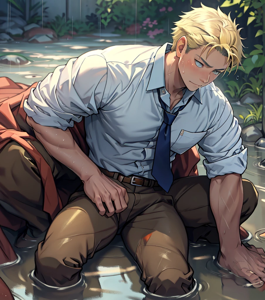 （1 Adult male），A high resolution， Sharp focus， Pixiv masterpiece， （（Complicated details））， highly  detailed， natsuki_subaru， 1 man，Lying in the mud， Lazy，full bodyesbian， blue color eyes（eyes glowing）， Short yellow hair，white  shirt，Wear a tie，Wear a belt，perspire，rain，Drenched，Sweaty crotch，look from down