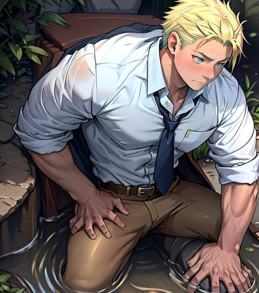 （1 Adult male），A high resolution， Sharp focus， Pixiv masterpiece， （（Complicated details））， highly  detailed， natsuki_subaru， 1 man，Lying in the mud， Lazy，full bodyesbian， blue color eyes（eyes glowing）， Short yellow hair，white  shirt，Wear a tie，Wear a belt，perspire，rain，Drenched，Sweaty crotch，look from down