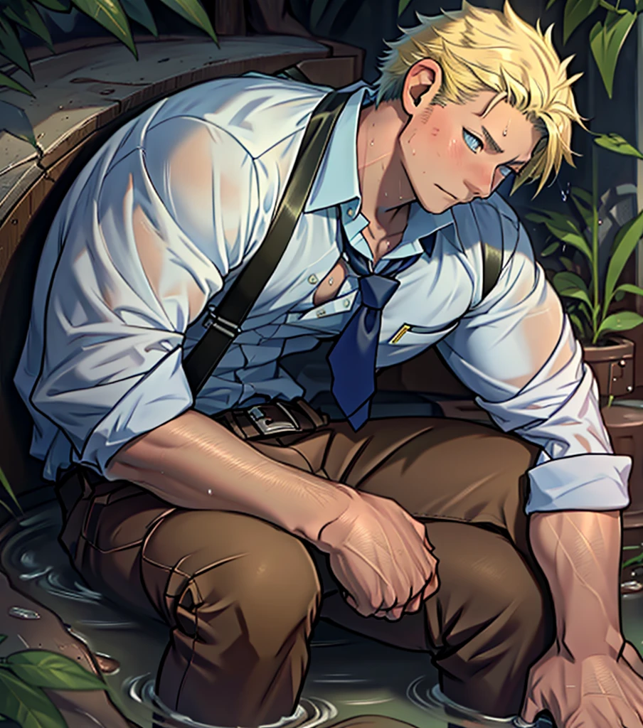 (1 Adult male),A high resolution, Sharp focus, Pixiv masterpiece, ((Complicated details)), highly detailed, natsuki_subaru, 1 man,Lying in the mud, Lazy,full bodyesbian, blue color eyes(eyes glowing), Short yellow hair,white shirt,Wear a tie,Wear a belt,perspire,rain,Drenched,Sweaty crotch,look from down